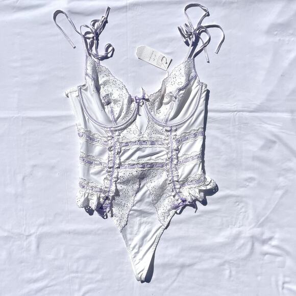 For Love & Lemons Swirl Eye Teddy 38C White Purple Eyelet Thong Lingerie Dainty